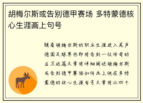 胡梅尔斯或告别德甲赛场 多特蒙德核心生涯画上句号